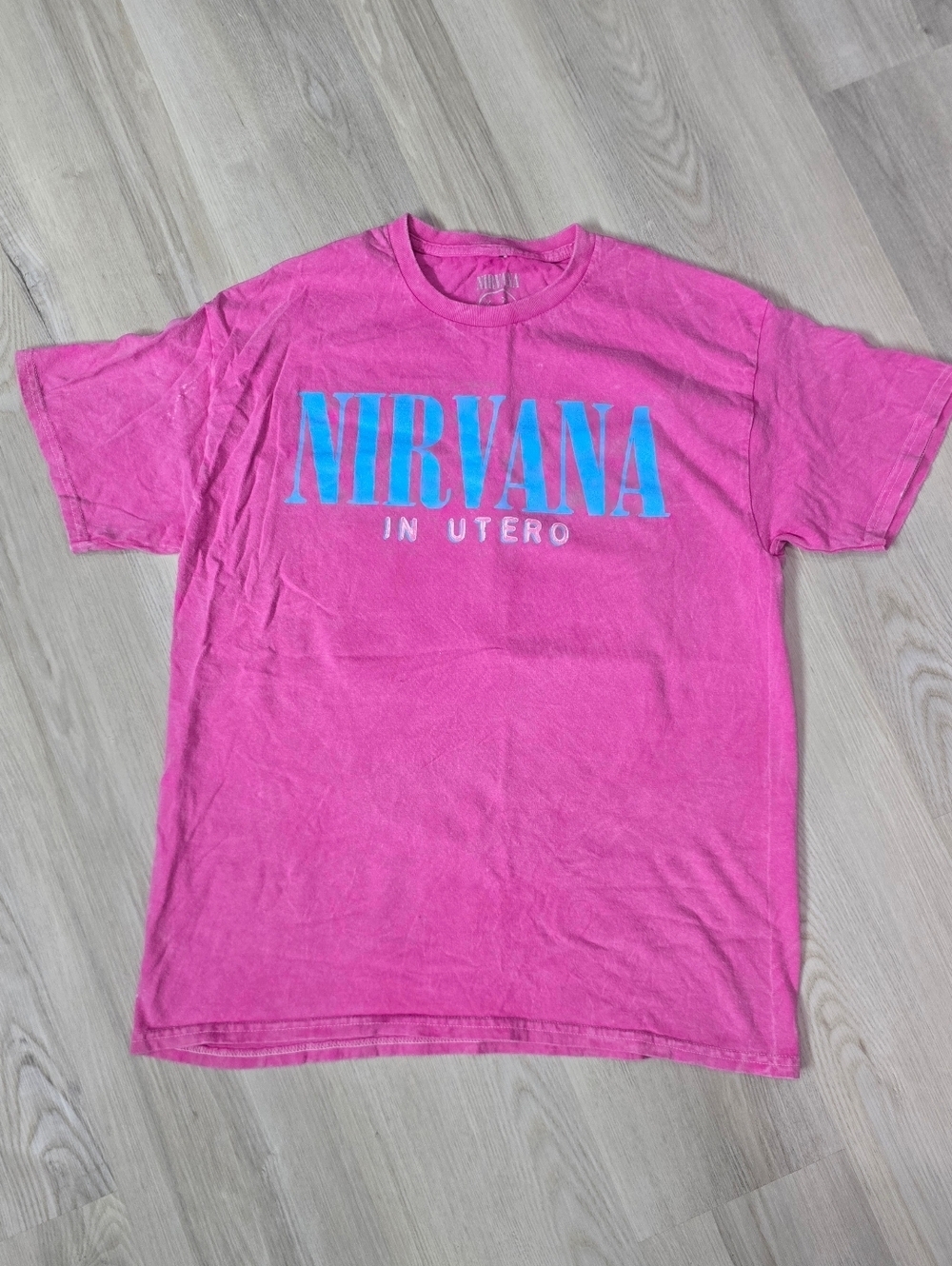 NIRVANA Hot Pink Tee with Blue Logo Size L NWOT